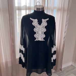 Chicos Black LS sheer shirt with white front lace.